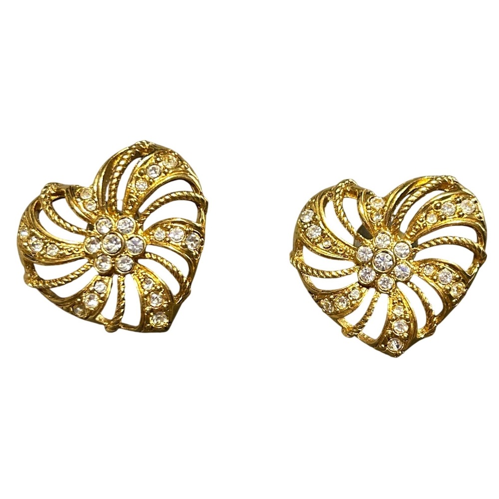 Vintage Avon Gold Tone Rhinestone Heart Swirl Earrings 80s 90s Statement